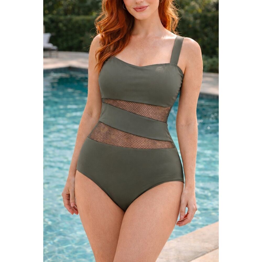 Carmen Marc Valvo Swimwear Bohemian Green Crochet One Piece Swimsuit Size 10